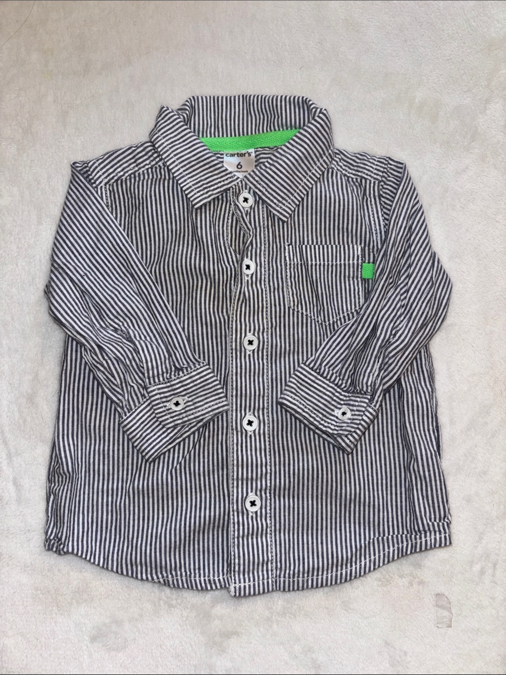 (3 for $10) Carter's 6 month blue & White Stripe Button-Up Shirt - Green Accent